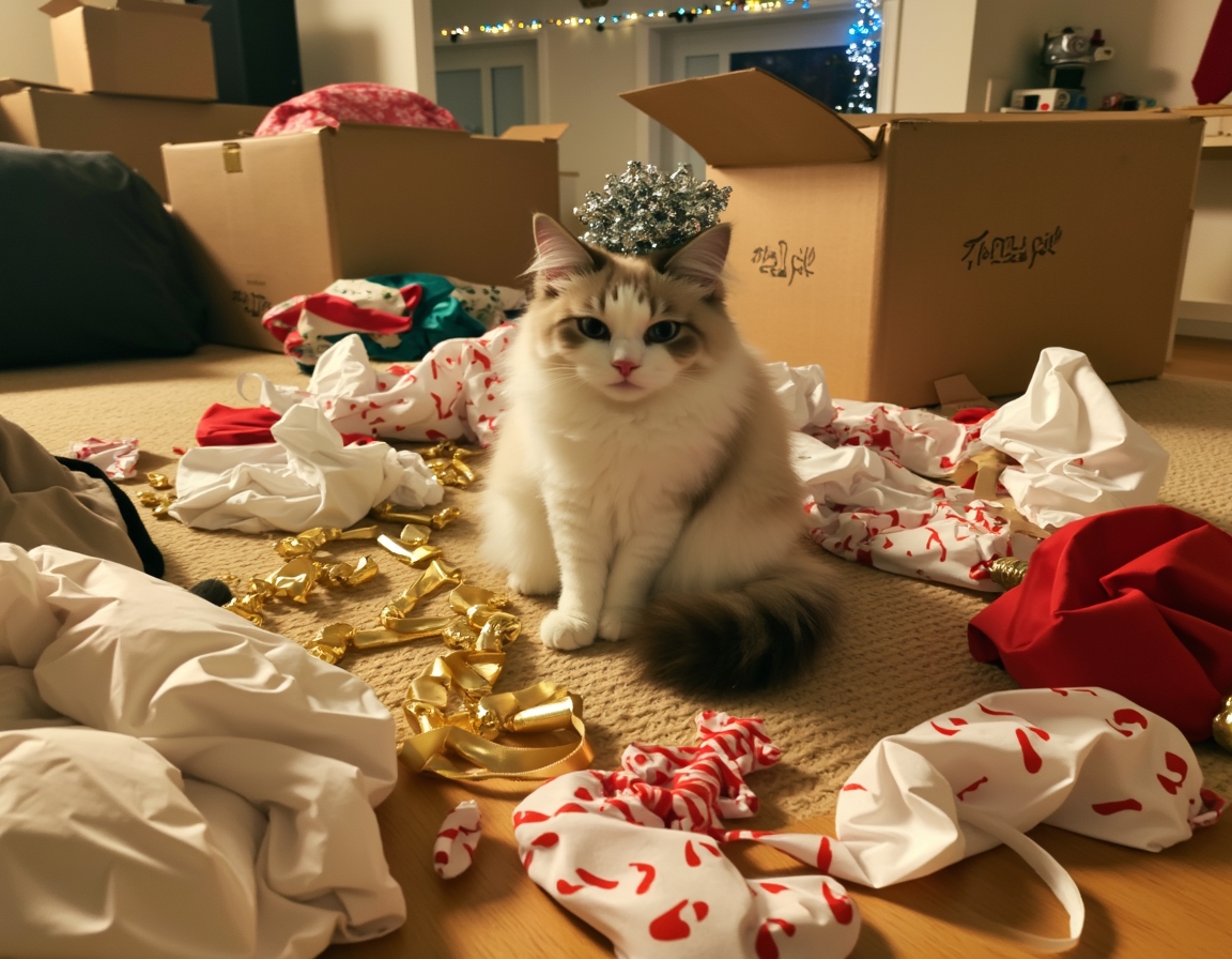 Playful cat surrounded by crumpled wrapping paper, ribbons, and empty boxes, with a shiny bow on its head. Christmas decorations and half-wrapped presents complete the festive scene.